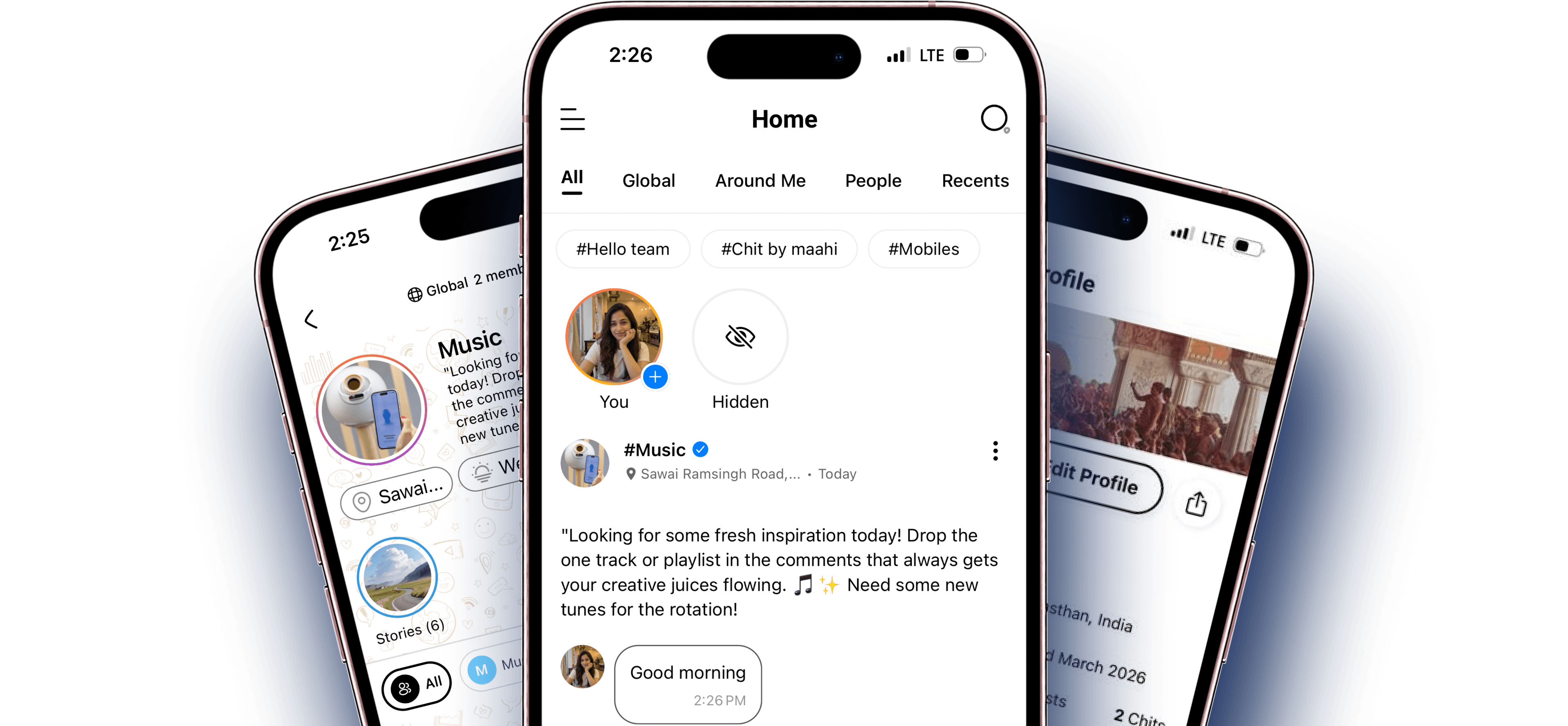 ChitChat app screens showing communities, chats, and stories